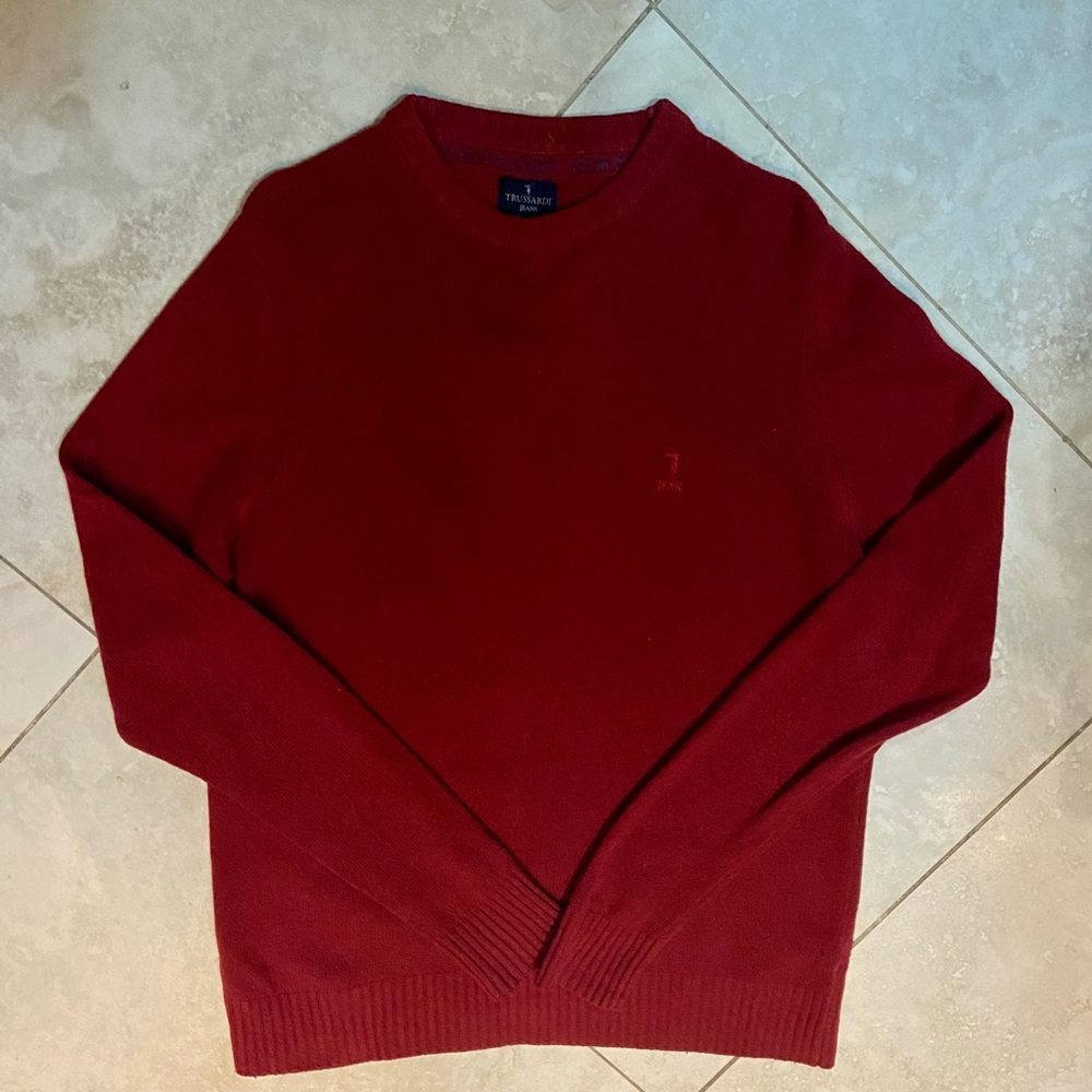 Trussardi Jeans Mens Burgundy Wool Blend Crew Neck Sweater - Excellent Condition